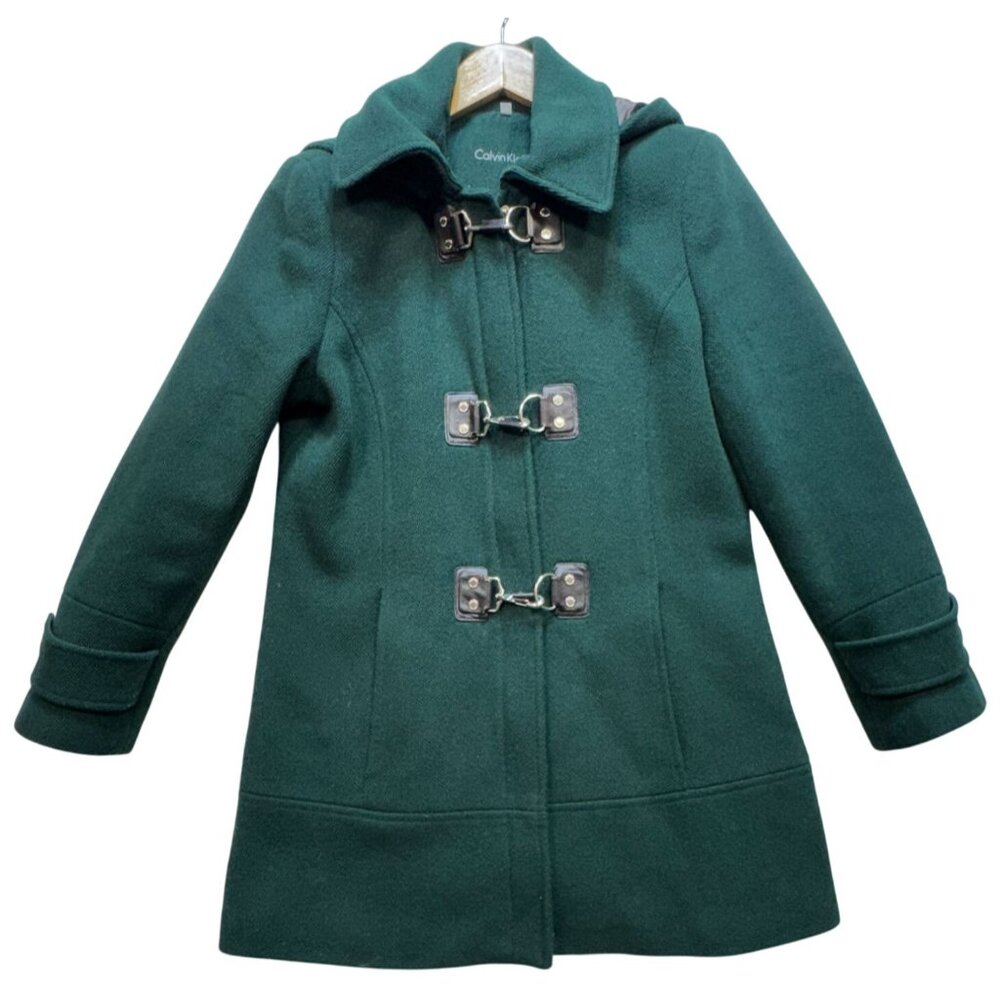 Calvin Klein Women's Wool Hooded Winter Coat Long Sleeve Sz 4 Sea Green Full Zip